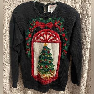 Talbots Black Sweater with Festive Tree Design